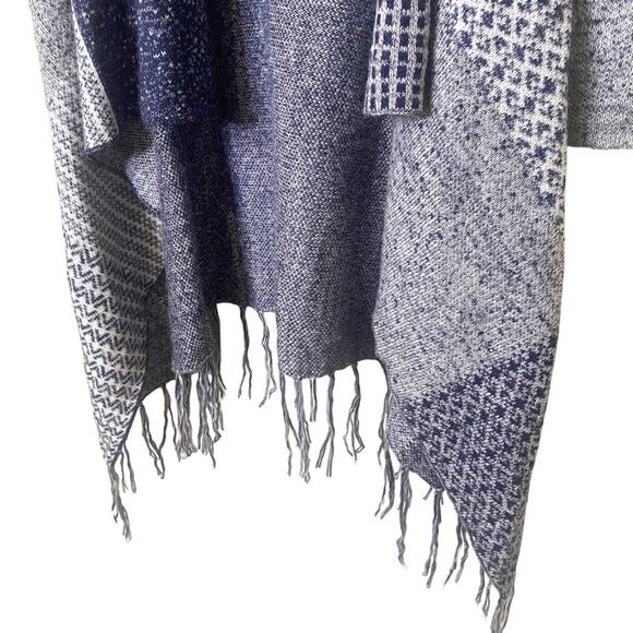 Knox Rose Blue Patchwork Boho Fringe Shawl Collar Sweater - Picture 7 of 9